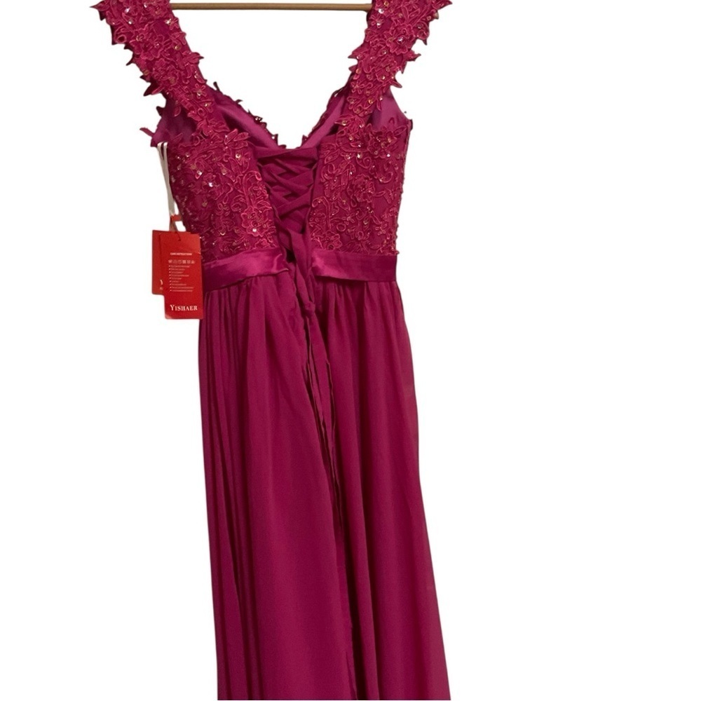 YISHAER Burgundy Floral Lace Appliqué Prom Evening Gown Dress Size 4 - Picture 4 of 9